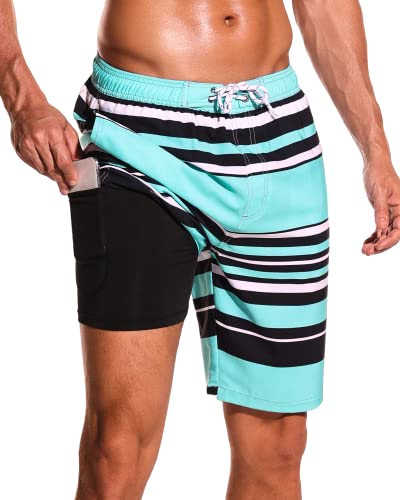 Silkworld Mens Swimming Trunks Beachwear 9" Quick Dry Striped Stretch Swim Shorts With Pockets, Sky Blue+Navy+White, X-Large #TOP7