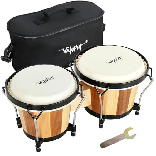 VANPHY Bongo Drum 6 and 7 Set for Adults Beginners Professionals Wooden Shell Bongos Percussion Bongos Drum with Bag Tuning Wrench(Stripe)