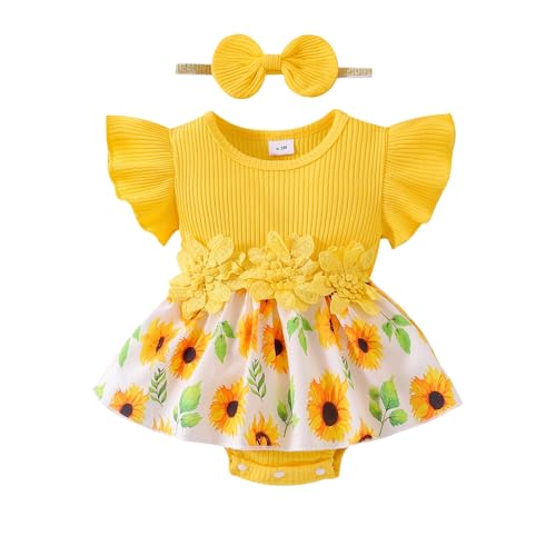 Image of Aenbilo Baby Girl Clothes Summer Outfit Romper Skirt Ruffle Sleeve Cute Bow Headband Infant Bodysuit Set 0-18 Months