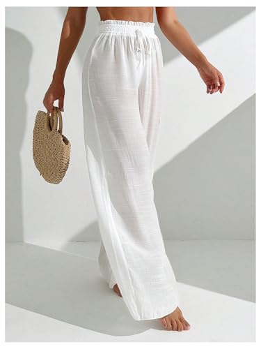 Women's Cover Up Beach Pants Sheer Mesh Drawstring Wide Leg High Waist Bikini Swimsuit Coverups2