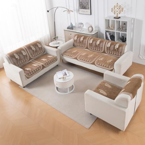 Image of HOKIPO Bagh Brown Premium Chenille Jacquard Sofa Cover 6 Seater Set - Washable 3+2+1 Sofa Panel for Seat & Back | 'Royal Aangan Series' (IN-1008 * 2 + IN-1007 * 2 + IN-1006 * 2-L6)