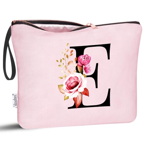 Image of Vavabox A-Z Personalized Makeup Bag, Birthday Gifts for Women Mom, Gifts for Best Friend, Bride Bridesmaid Cosmetic bag (E, Pink)