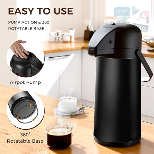 Image of Coffee Carafe for Keeping Hot - Gezoss 102OZ / 3L Airpot Coffee Dispenser with Pump - Large Coffee Carafe for Hot Drinks Tea Liquid - Insulated Stainless Steel Hot Water Beverage for Parties,Black