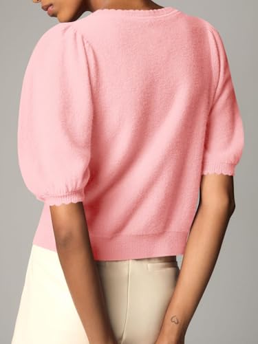 Image of Saodimallsu Womens Puff Short Sleeve Cardigan Lightweight Summer Button Down Shirts Knit Crew Neck Sweater Tops