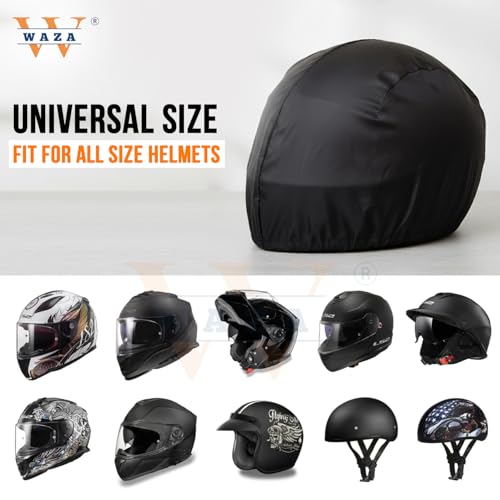 Image of Waza Helmet Cover for Motorcyclists & Cyclists -Waterproof Umbrella Fabric, Dustproof, Universal Fit with Adjustable Strap - Black Helmet Rain Cover