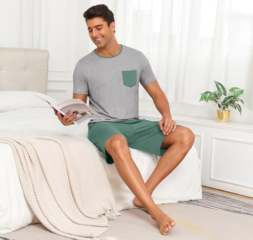 Image of PrinStory Mens Summer Pajamas Set Lightweight Pjs Sets Short Sleeve Pajama Shorts Set Soft Sleepwear Loungewear with Pockets