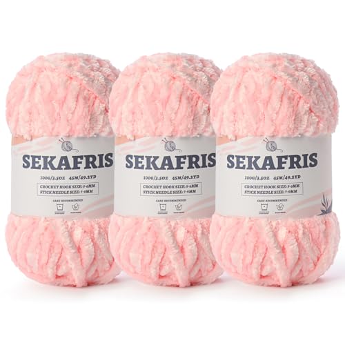 Image of Fuzzy Chunky Chenille Yarn for Crocheting,Soft Plush Yarns for Hand Knitting,Bulky 3x100 g(3X49.2 yd) Baby Blanket Yarn for Crocheting Amigurumi,Crochet Fluffy Velvet Yarns (3 Pale Pink)
