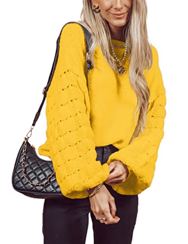 Hotouch Suéter de punto para mujer con mangas largas abulladas de punto Top cuello redondo Otoño sudadera texturizada Invierno, Curry amarillo., M Cover