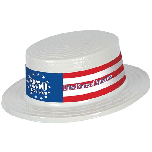 Beistle White Plastic Skimmers with Semiquincentennial Bands – 24 Pack, 1776–2026 USA Patriotic Boater Hats, Party Hats for July 4th Parades, Independence Day Parades, and National Celebrations