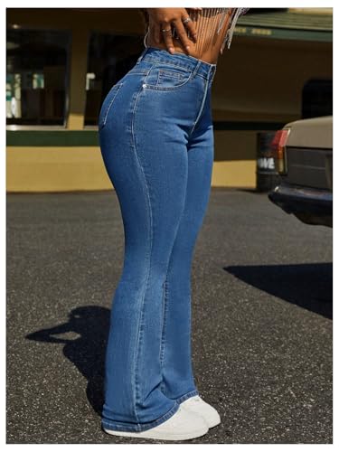 WDIRARA Women's High Waisted Flare Bell Bottom Jeans Stretchy Long Denim Pants4