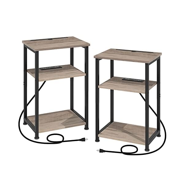 AMHANCIBLE Nightstands Set of 2, End Side Table with Charging Station Phone Holder, Slim Couch Table with USB Ports & Outlets, Small Bedside Table with Shelf for Bedroom, Living Room HET033GY