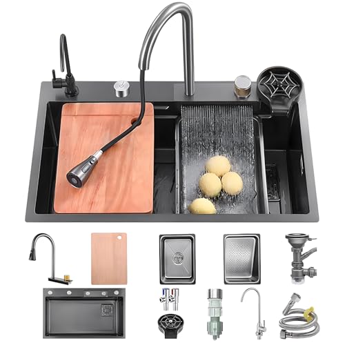 KOOGIMDDR - Juego de fregadero de cocina con encimera, 80 x 45 cm, con grifo de cascada, acero inoxidable, uso doméstico, lavavasos, tabla de cortar, escurreplatos y accesorios
