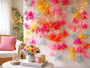 Image of iHandikart Pack of 10 Multicolor Gota Net Hangings (4 Feet) - Traditional Indian Decoration Latkans for Haldi, Mehandi, Wedding Backdrop, Ganesh Chaturthi & Festive Home Decor
