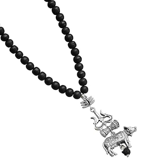 Image of Black Ebony Wood Karungali Mala with Trishool Nandi Rudraksha Pendant