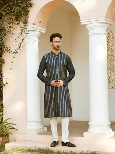 Image of See Designs Men Full Sleeve Chanderi Silk Sequins Mandarin Collar Side Slit Kurta