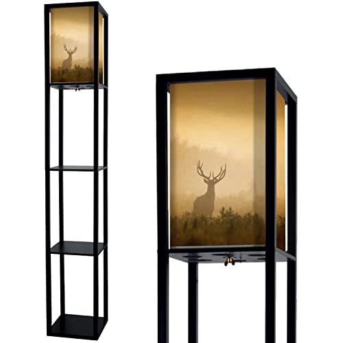 Jithcg Silhouette Of Red Deer With Big Antlers In Reed On Foggy Morning In Standing Lamp With Shelves Flaxen Fabric Shade Floor Lamp Tall Lamp Corner Bedside Lamp For Living Room Bedroom Aesthetic Decor cover
