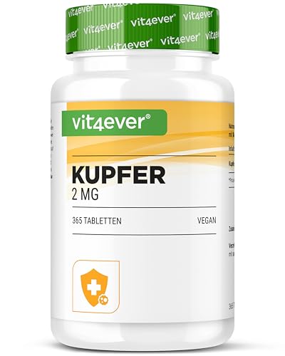 Cuivre - 365 comprimés de 2 mg - 1 an d'approvisionnement - Haute biodisponibilité - Gluconate de cuivre - Hautement dosé - Végétalien - Sans substances indésirables.