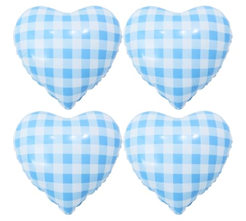 Image of 4pcs 18 inch Blue Heart Checked Balloons Striped Plaid Heart Foil Balloons for Spring Party Decorations Picnic Party Decor Love Theme Birthday Party Wedding Baby Shower Versatile Party Decor