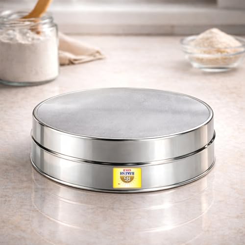 Image of Rakesh Gold Large Stainless Steel Atta & Suji Chalni | Fine Mesh Steel Sieve | Heavy Duty Food Grade Kitchen Channi | Premium Stainless Steel Flour Sieve (Small Size, Atta and Suji CHALNI)