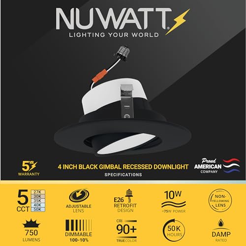 Nuwatt NW-GMB-C4-10W-5CCT-BLK-6PK Black 4 Inch Gimbal Retrofit Led Recessed Lighting, 5Cct Selectable 2700K/3000K/3500K/4000K/5000K, High Brightness 750 Lm, 10W, Adjustable Sloped Ceiling Light thumb #1