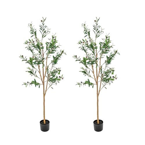Sunnydaze Fake Olive Tree - 5ft Tall Faux Olive Tree with Pot - Indoor Artificial Plant with Black...