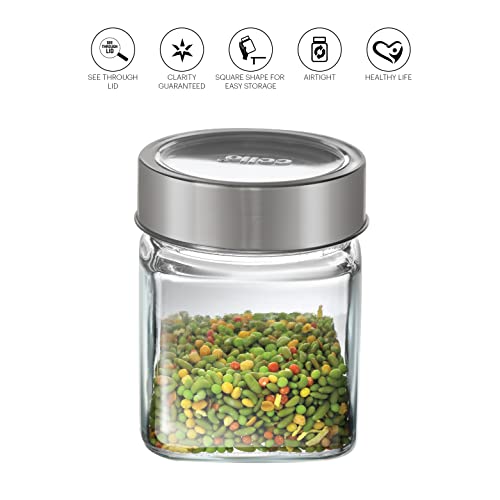 Image of CELLO Qube Fresh Glass Storage Jar for Kitchen Set of 3 Pcs, 180 ml Transparent | Fridge Safe Airtight Leadfree Toughened Glass Kitchen Storage Containers Set For Beans, Whole Grains Spices Dry Fruits
