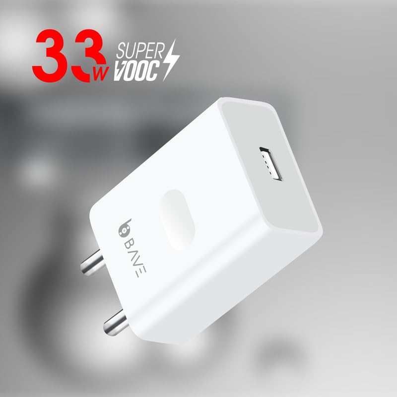 Image of BAVE 33W SuperVOOC Fast Charger with USB-A to Type-C Cable| Compatible with OnePlus Nord CE 4, 3, 2, Oppo Reno & Realme Narzo Series| Supports VOOC, Warp & Dart Charging| White