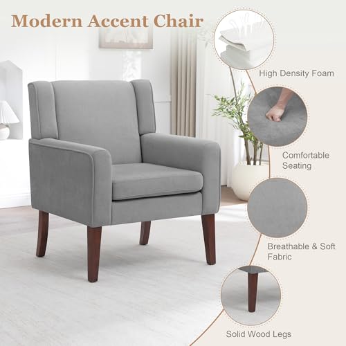 Image of Accent Chairs for Living Room, Mid-Century Reading Chair with Wood Legs, Upholstered Comfy Living Room Chair for Bedroom, Apartment, Waiting Room, Light Grey