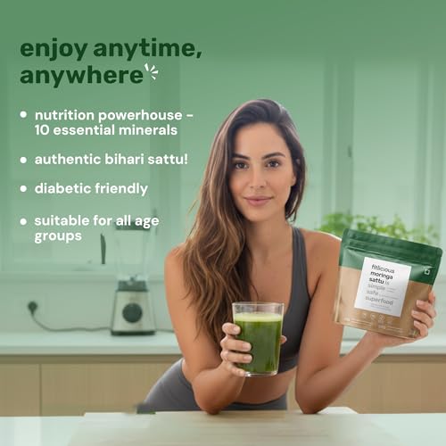 Image of fitlicious Moringa Sattu Powder | Bihari Chana Sattu | Natural & Organic | Gluten-Free, Non-GMO | High Protein & Fiber | Instant PremiX | Healthy Drink For All Ages | Pack Of 10 X 40g Sachets