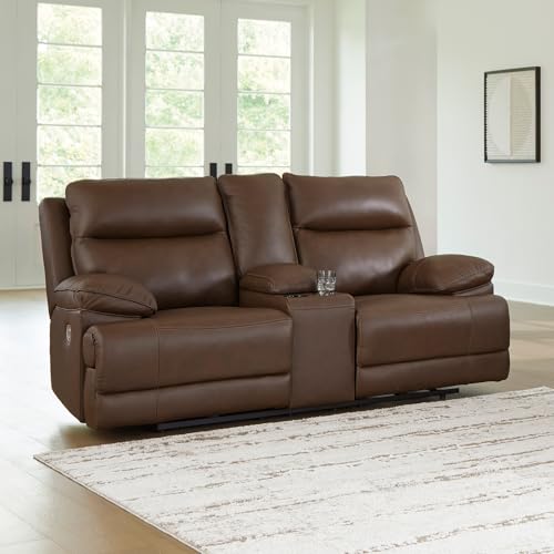 Image of Ashley VonRyan Power Reclining Loveseat with Console, Top Grain Leather Seating, Fully Assembled, Ideal for Living Room, Tobacco Brown, 81 inch W