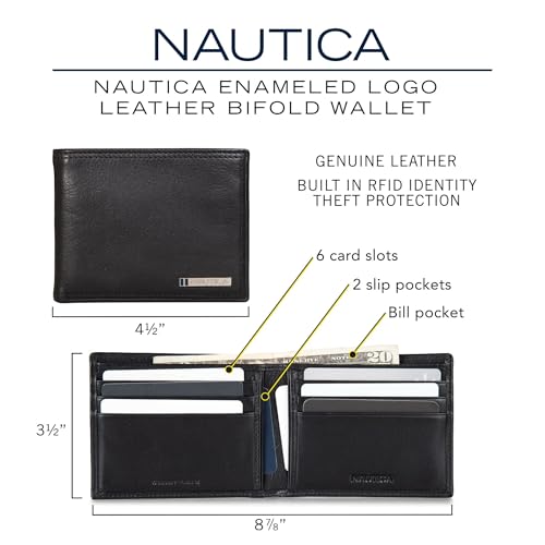 Image of Nautica Men's Bifold Leather Wallet | RFID Blocking | ID Window | Card Slots | Organization | Durable | Stylish