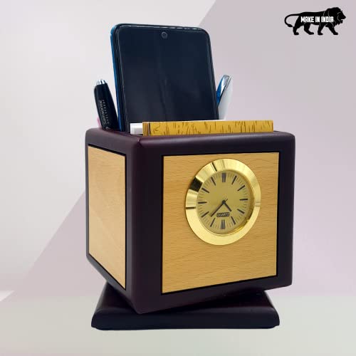 Image of Revolving Stylish Pen Stand for Office Table with Clock, Wooden Pen Holder with Mobile Holder, Wooden Desk Organizer, Office Pen Stand with Compartment, Office Table Accessories Office Gift Item