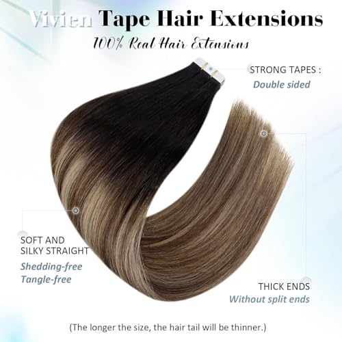 Vivien Black Tape in Human Hair Extensions Balayage Black to Brown and Caramel Blonde Hair Extensions Tape in Invisble Ombre Double Sided 14In 20pcs 50g #1B/4/27 - Image 2