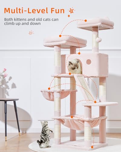 Image of Taoqimiao Cat Tree 57.5-Inch, Cat Tower for Indoor Cats Large Adult, Extra Large Cat Condo, 8 Sisal Scratching Posts, Metal Frame Cozy Hammock, Durable Scratch Board, 2 Top Perches, Jelly Pink MS026P