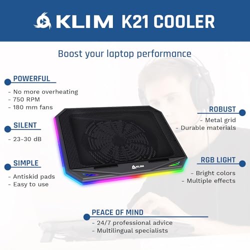 Image of KLIM K21 + Laptop Cooling Pad with RGB backlighting + New + 11 inch - 17 inch + Gaming Laptop Cooling Pad for Desk + USB Powered Fan + Very Stable and Silent + Compatible Mac, PS4, PS5