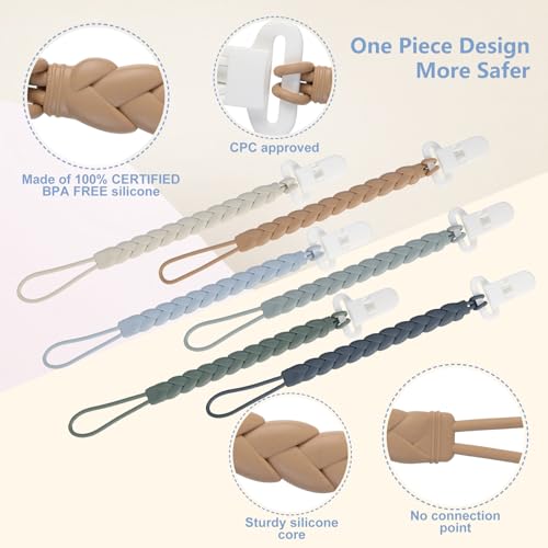 Image of 6-Pack Silicone Pacifier Clips with a Woven Rope Shape for Baby Boys and Girls - Flexible and Rust-Free Holders for Teething Relief and Baby Essentials, Safe for Newborns (Grey)