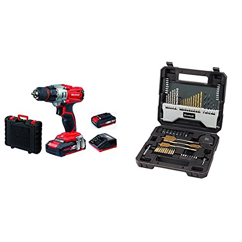 Einhell - Taladro 18V sin cable Expert TE-CD 18/2 Li con 2 baterías Power X-Change (incluye maletín BMC, 2 baterías de 1,5 Ah y cargador) + Set de 70 brocas 4258085 con maletín