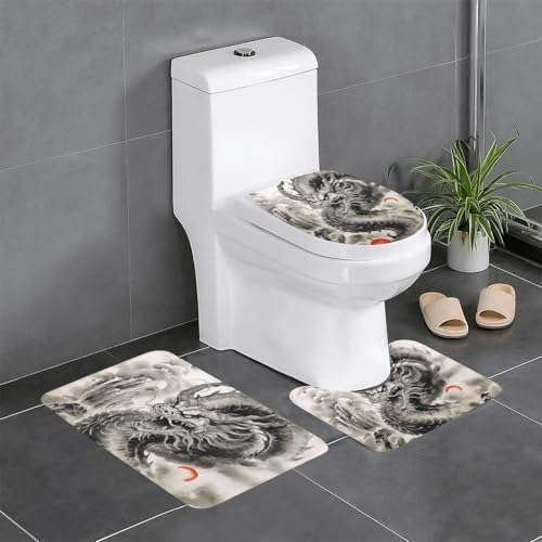 龍 竜 ドラゴン柄 和風 (2) トイレマット 3点セット フタカバー 浴室足ふきマット 吸水 速乾 滑り止め 抗菌 防臭 洗える ふわふわ プレゼント 40x60cm