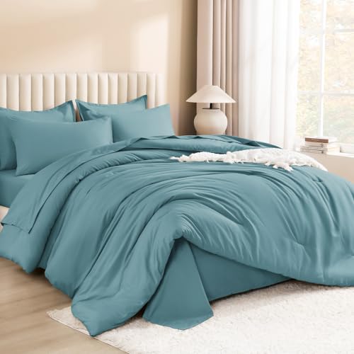 Image of Litanika King Size Comforter Set Grayish Teal - 7 Pieces Bed in a Bag King Bedding Comforter Sets, Solid Lightweight Bed Set with Comforter, Sheets, Pillowcases & Shams