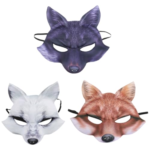 SAFIGLE 3PCS Half Face Halloween Mask Fox Mask Halloween Animal Mask Half Face Mask Fox Mask White Wolf Mask Halloween Wolf Mask Animal Male and Female Half Face Masks