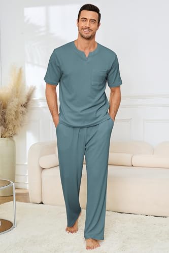 Image of JiniGolla Mens Pajamas Set Soft Short Sleeve Top and Pant Loungewear Sets 2 Piece Pjs with Pockets