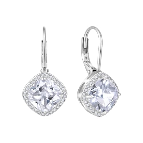 Square Princess Cut Dangle Drop Earrings 925 Sterling Silver Halo Solitaire Leverback Earrings Birthstone Jewelry for Women