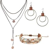 CALFOVERA Conjunto de Joyería Bohemia Occidental de 3 Pieza para Mujer: Colgante de Disco, Collar de Gamuza Sintética En Capas, Pendientes Colgantes, Estilo Vintage, Ajustable
