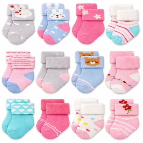 Image of RATIVE Newborn Baby Socks 0-6,6-12 Months Terry Turn Cuff Socks for Boys Girls