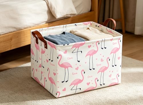 Image of Flamingo Pink Basket Nursery Storage Basket Rectangular Cute Pattern Storage Bin Organizer Book Shelf Basket Flamingo Room Decor(Love Flamingo)