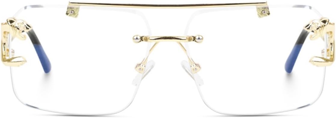 Rimless Rectangular Eyeglasses, Gold Frame, Clear Lens, Blue Temple Tips