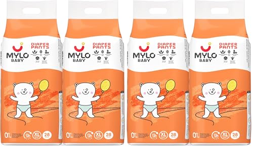 Image of Mylo Baby Diaper Pants Extra Large (XL) Size 12-17 kgs (56 count) Leak Proof | Lightweight | Upto 12 Hours Protection | ADL Technology | with Aloe Vera Lotion (28 Count, Pack of 4)