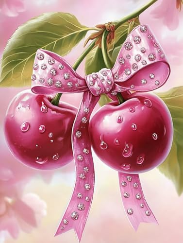 Diamond painting 5D complet strass carré cerises roses cadeau travaux manuels