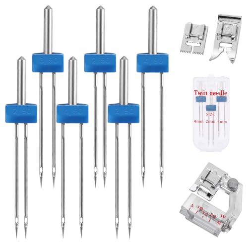 9pack Twin Needles for Sewing Machine, Double Twin Needles with 3 Pcs Presser Foot Groove Pintuck Presser Foot for Household Sewing Machine Accessories, 3 Size 2/90 3/90 4/90 with Plastic Box