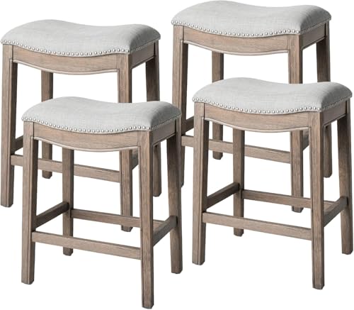 Image of Maven Lane Adrien Backless Counter Stool - Set of 4 - 26 Inches - Saddle Stool with Footrest - Grey Solid Wood Frame & Grey Fabric Upholstery - Perfect for Kitchen Islands & Counters
